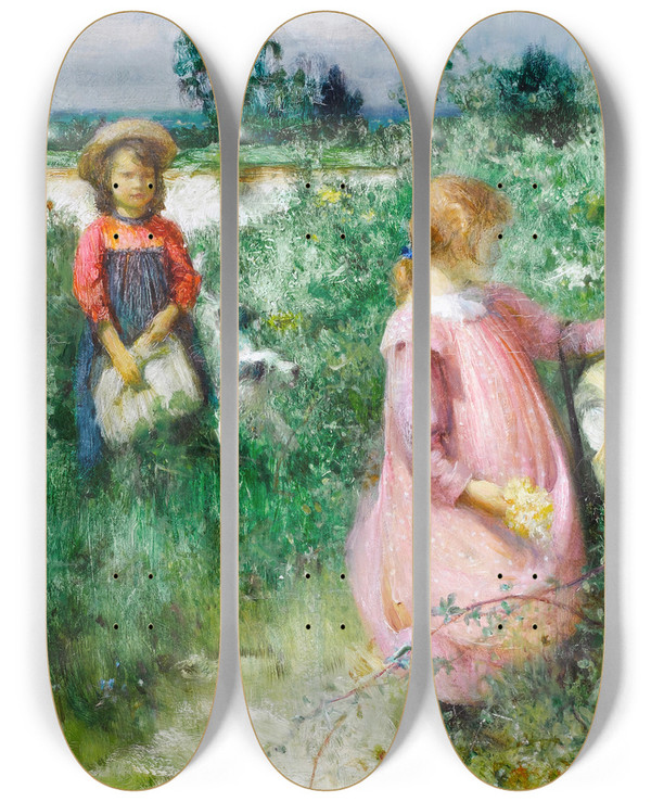 Triptych art skateboard deck of Arthur Hacker Picking Wildflowers by Arthur Hacker (1858-1919)