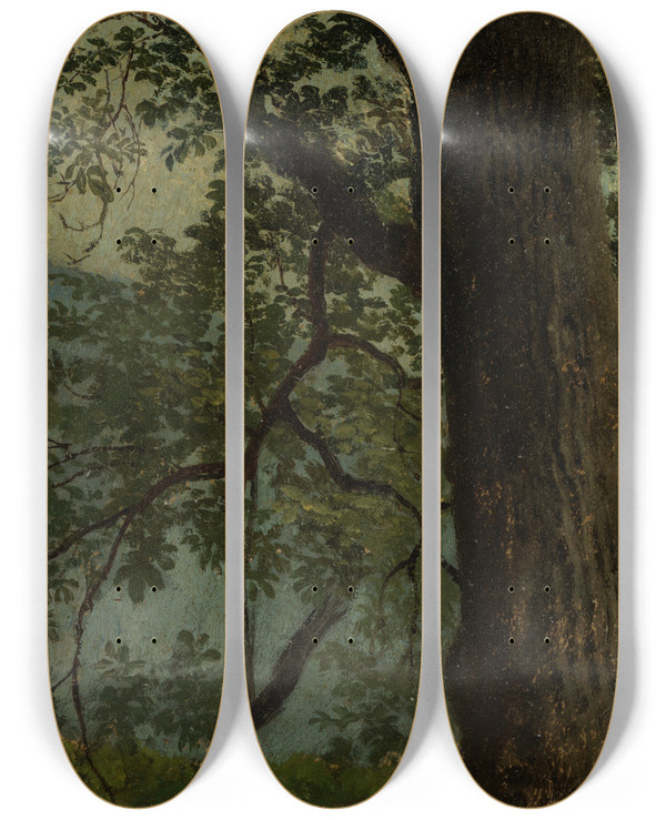 Triptych art skateboard deck of Georg Wilhelm Issel Studie Eines Eichbaums by Georg Wilhelm Issel
