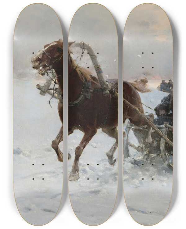 Triptych art skateboard deck of Alfred Von Wieruszkowalski Sledding Caravan by Alfred Von Wierusz-Kowalski (1849-1915)