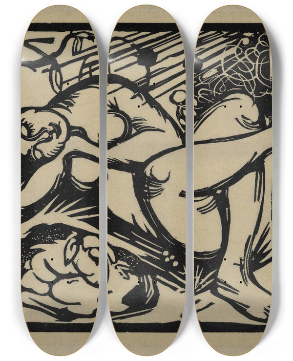 Triptych art skateboard deck of Franz Marc Schlafende Hirtin_2 by Franz Marc (1880-1916)
