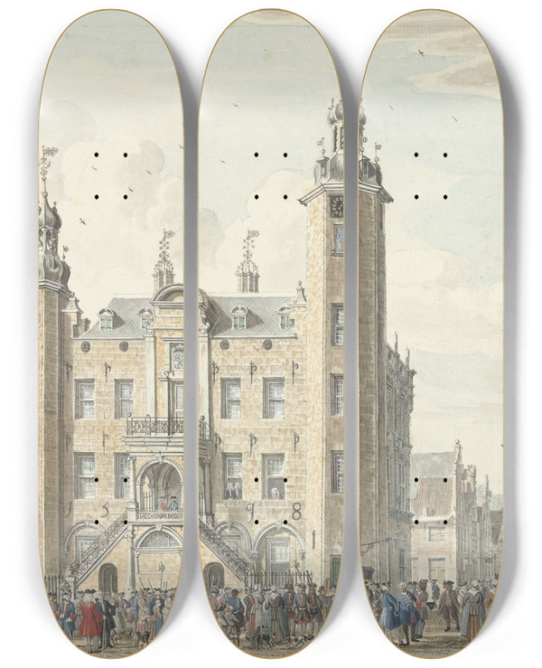 Triptych art skateboard deck of Jan De Beijer Het Stadhuis Van Venlo by Jan de Beijer (1703-1780)