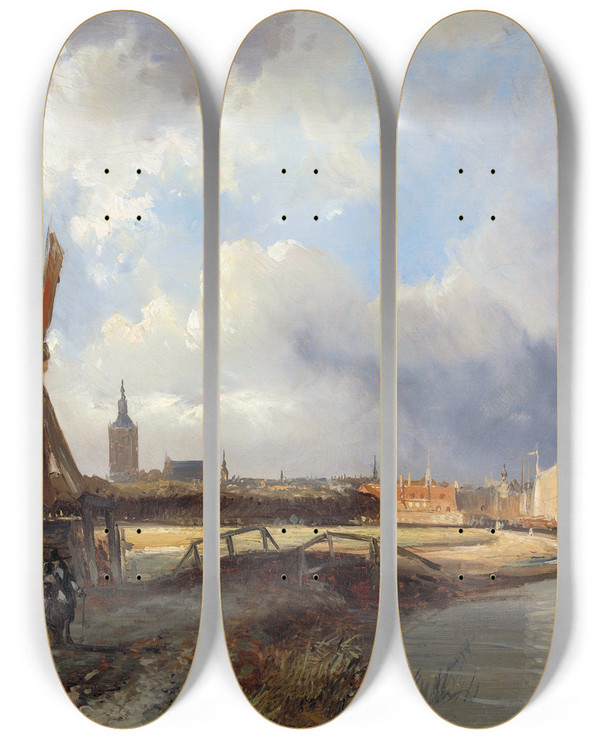 Triptych art skateboard deck of Cornelis Springer View Of The Hague by Cornelis Springer (1817-1891)