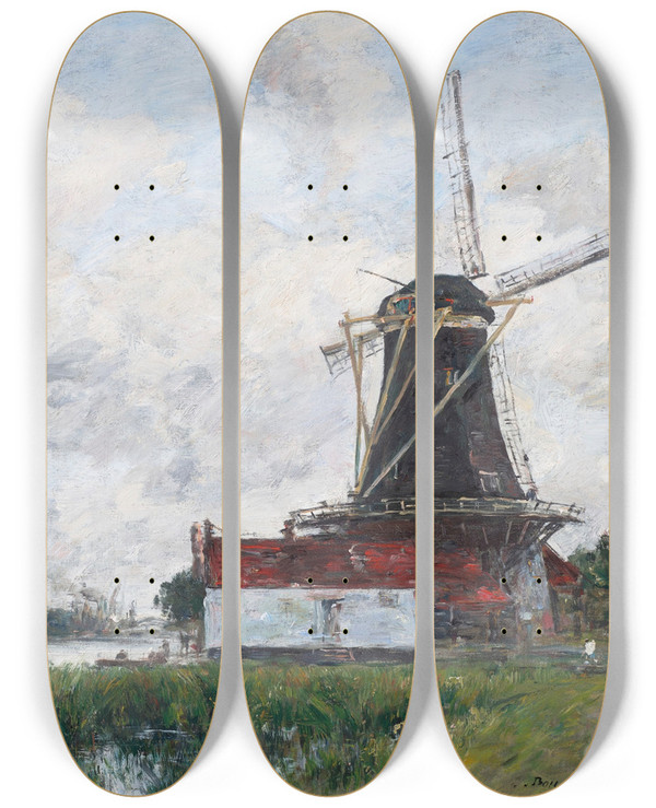 Triptych art skateboard deck of Eugne Boudin Dordrecht Moulin Sur Les Bords De La Meuse by Eugene Boudin (1824-1898)