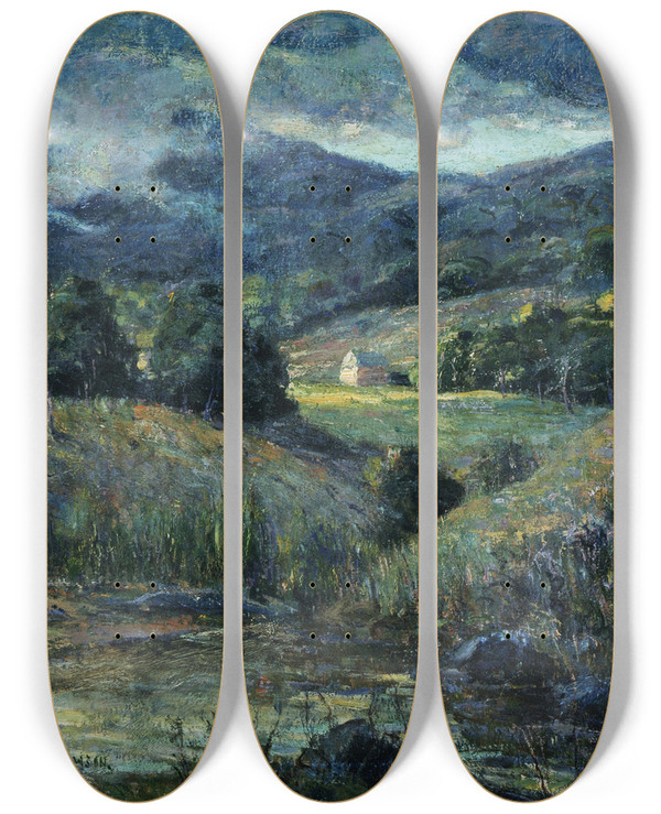 Triptych art skateboard deck of Ernest Lawson Approaching Storm by Ernest Lawson (1873-1939)