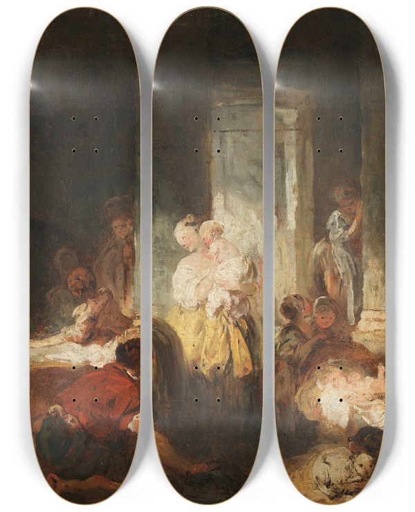 Triptych art skateboard deck of Jeanhonor Fragonard Roman Interior by Jean-Honor Fragonard (1732-1806)