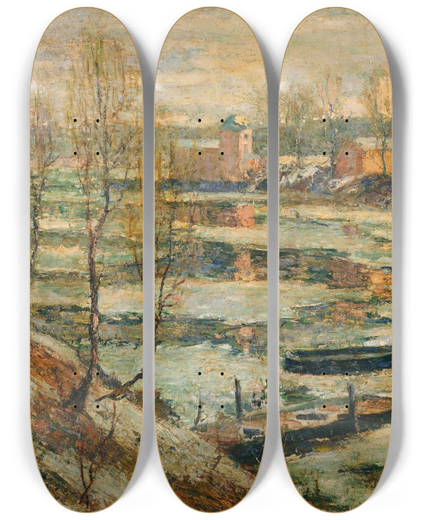 Triptych art skateboard deck of Ernest Lawson Ice In The River by Ernest Lawson (1873-1939)