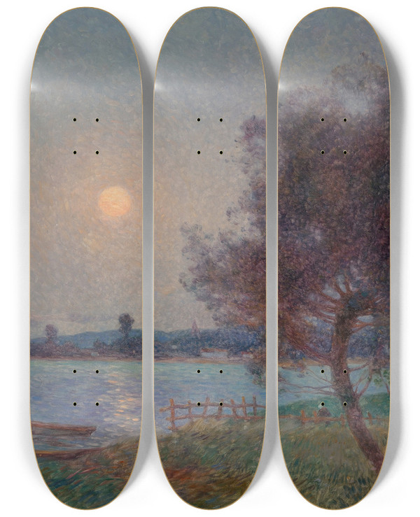 Triptych art skateboard deck of Ferdinand Du Puigaudeau La Rivire Au Clair De Lune by Ferdinand Du Puigaudeau (1864-1930)