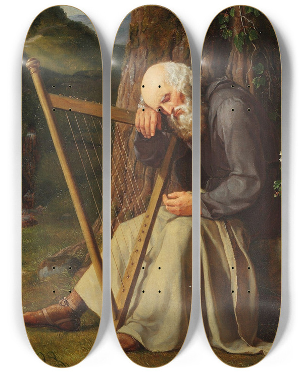 Triptych art skateboard deck of Adam August Mller A Dozing Harpist by Adam August Muller (1811-1844)