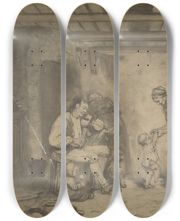 Triptych art skateboard deck of Adolph Tidemand Kone Danser Med Barn Til Felemusikk by Adolph Tidemand (1814-1876)