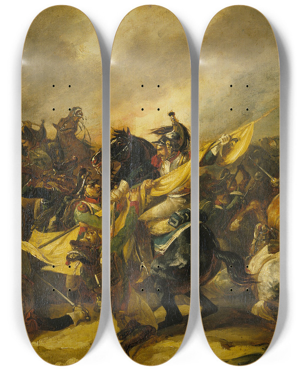 Triptych art skateboard deck of Thodore Gricault A Charge Of Cuirassiers by Theodore Gericault (1791-1824)