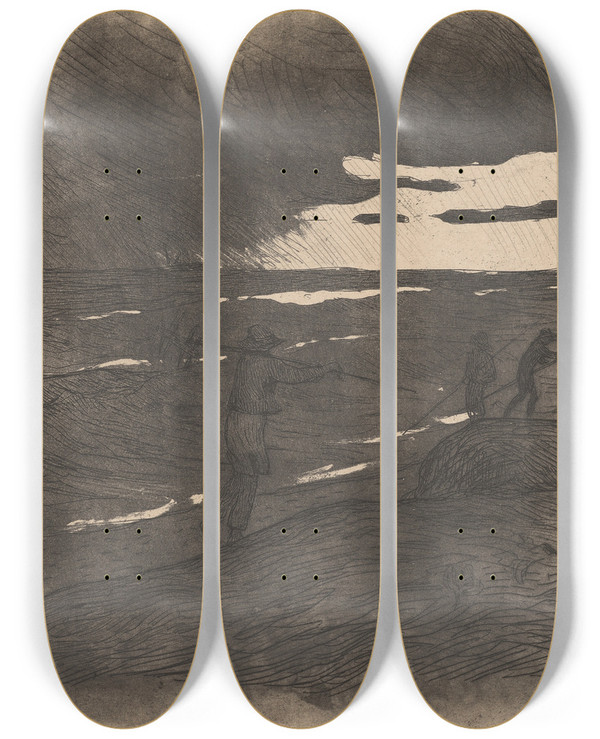 Triptych art skateboard deck of Henry Moret Les Ramasseurs De Gomon by Henry Moret (1856-1913)