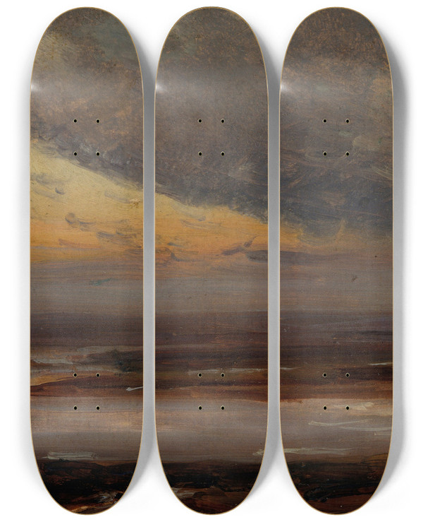 Triptych art skateboard deck of Johan Christian Dahl Study On The Elbe by Johan Christian Dahl (1788-1857)