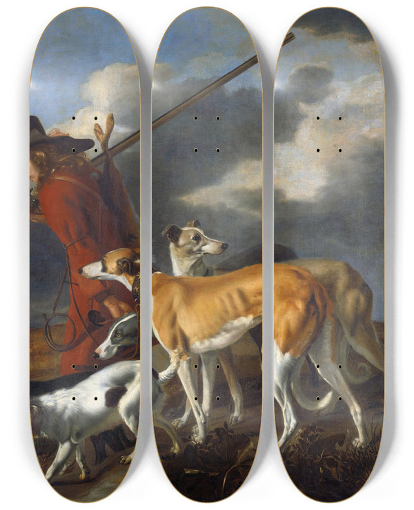 Triptych art skateboard deck of Adriaen Cornelisz Beeldemaker The Hunter by Adriaen Cornelisz Beeldemaker (1618-1709)