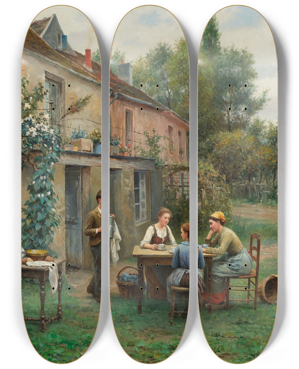 Triptych art skateboard deck of Daniel Ridgway Knight Coffee In The Garden by Daniel Ridgway Knight (1839-1924)