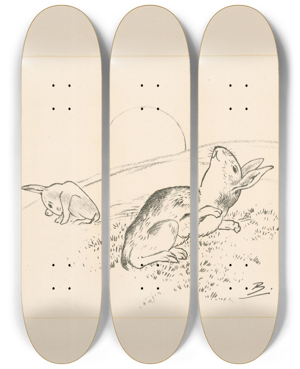 Triptych art skateboard deck of Flix Bracquemond Deux Lapins La Lune Derrire Colline by Felix Bracquemond (1833-1914)