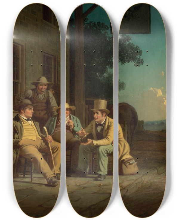 Triptych art skateboard deck of George Caleb Bingham Canvassing For A Vote by George Caleb Bingham (1811-1879)