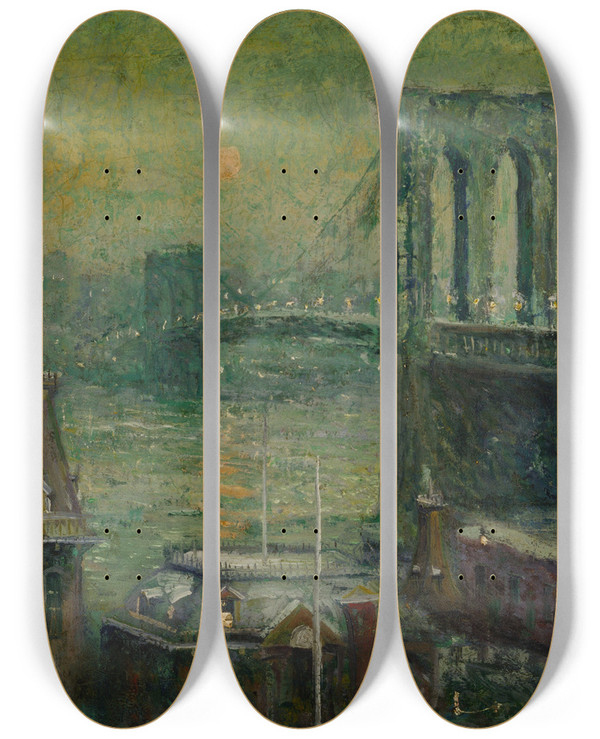 Triptych art skateboard deck of Ernest Lawson Brooklyn Bridge by Ernest Lawson (1873-1939)