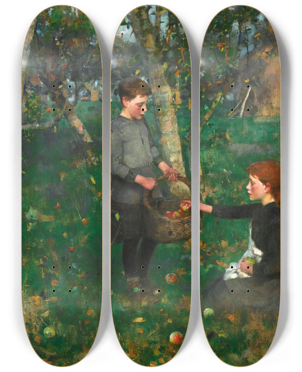 Triptych art skateboard deck of James Guthrie In The Orchard by James Guthrie (1859-1930)