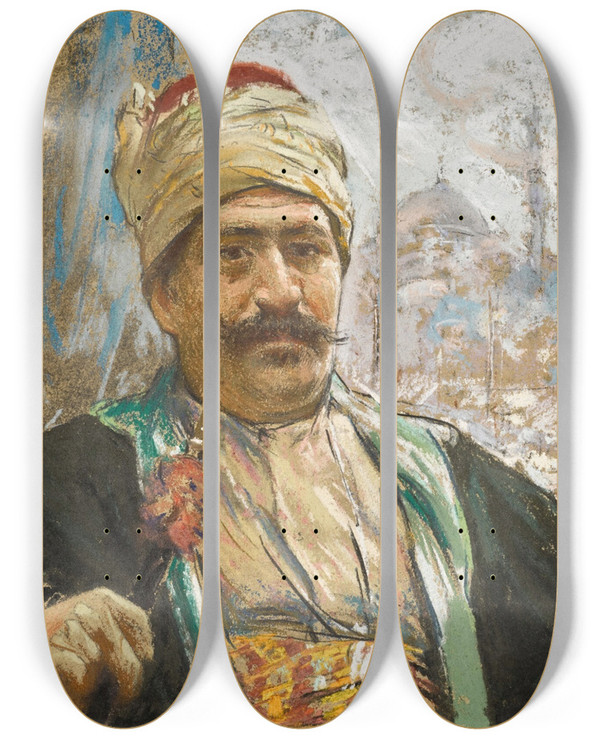 Triptych art skateboard deck of Fausto Zonaro Adolphe Thalasso The Yeni Mosque Beyond by Fausto Zonaro (1854-1929)