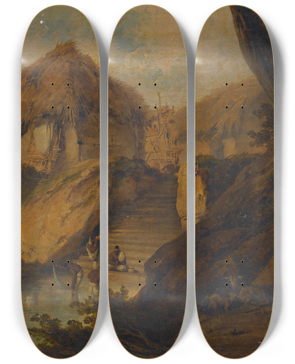 Triptych art skateboard deck of George Chinnery Figures Washing In A River With Thatched Huts Behind Bengal India by George Chinnery (1774-1852)