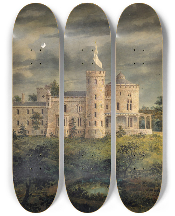 Triptych art skateboard deck of Alexander Jackson Davis Ericstan For John J Herrick Tarrytown New York Perspective by Alexander Jackson Davis (1803-1892)