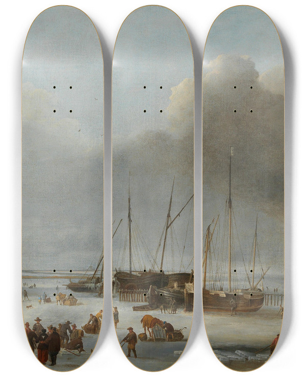 Triptych art skateboard deck of Hendrick Jacobsz Dubbels Iceskating On The Eastern Docks Of Amsterdam by Hendrick Jacobsz Dubbels (1621-1707)