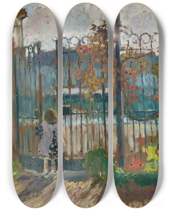 Triptych art skateboard deck of Henri Lebasque Lagny Nono La Grille Du Jardin by Henri Lebasque (1865-1937)