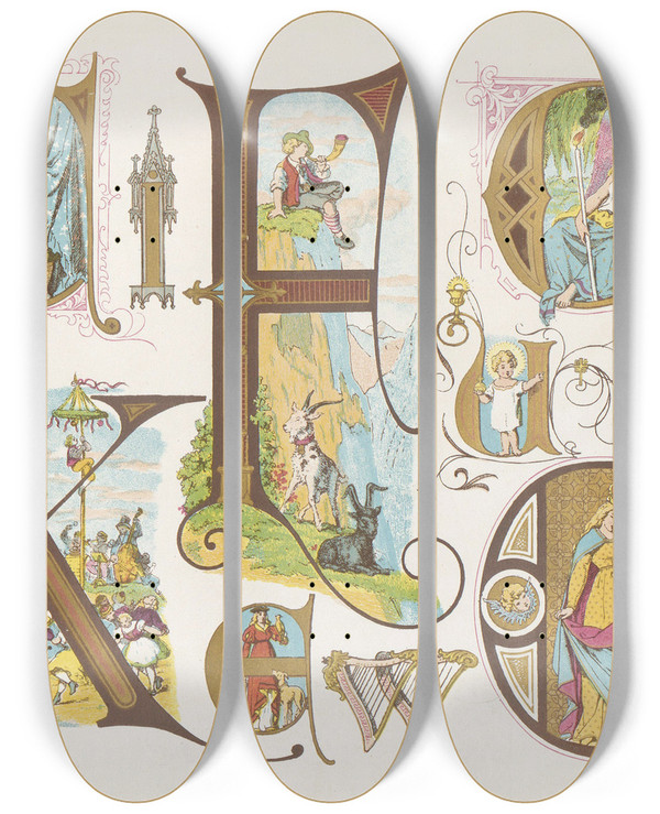Triptych art skateboard deck of Bernhard Dondorf Dondorfs Alphabete Pl21 by Bernhard Dondorf (1833-1933)