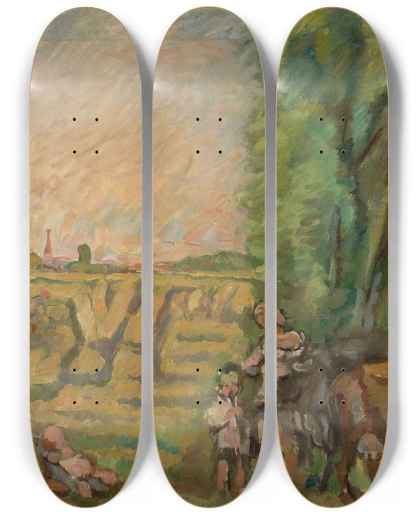Triptych art skateboard deck of Wacaw Wsowicz Pejza Ze Snopkami by Waclaw Wasowicz (1891-1942)