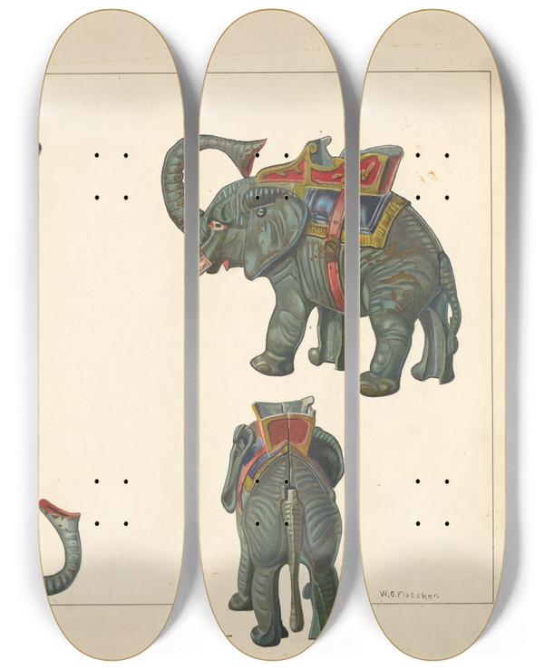 Triptych art skateboard deck of William O Fletcher Toy Bank Elephant by William O Fletcher