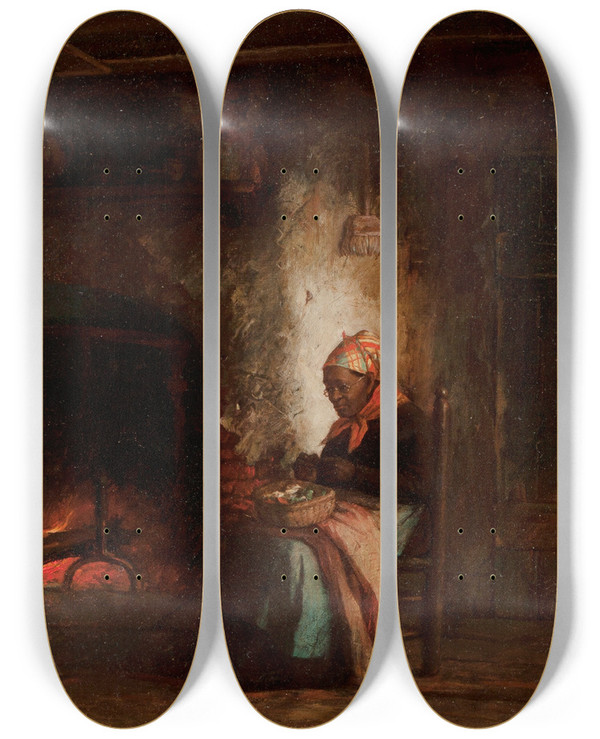 Triptych art skateboard deck of Platt Powell Ryder By The Fire by Platt Powell Ryder (1821-1896)