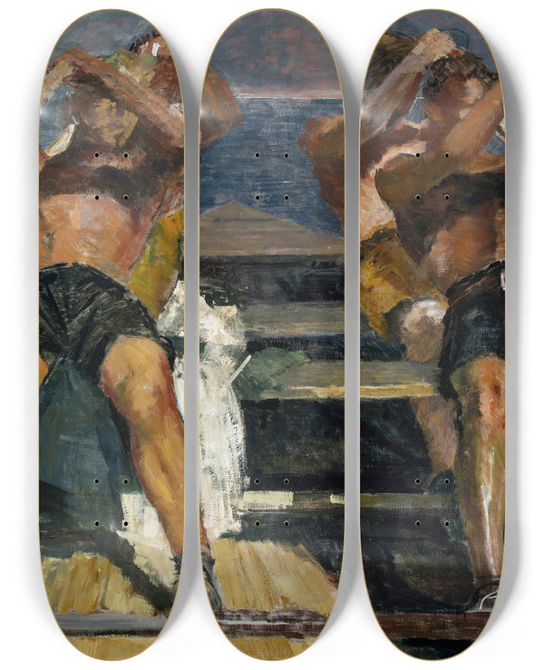 Triptych art skateboard deck of Hermann Groeber Die Ruderer by Hermann Groeber