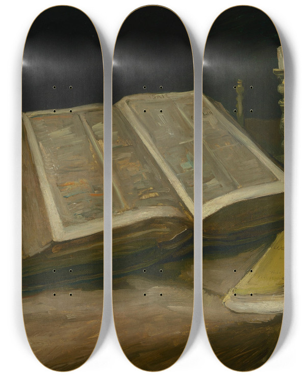 Triptych art skateboard deck of Vincent Van Gogh Still Life With Bible by Vincent van Gogh (1853-1890)