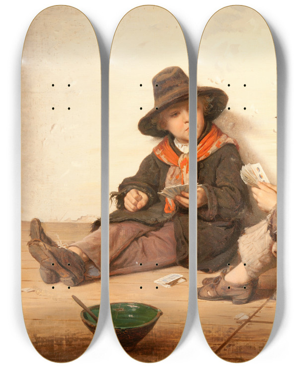 Triptych art skateboard deck of Antonio Ermolao Paoletti Boys Playing Cards by Antonio Ermolao Paoletti (1834-1912)