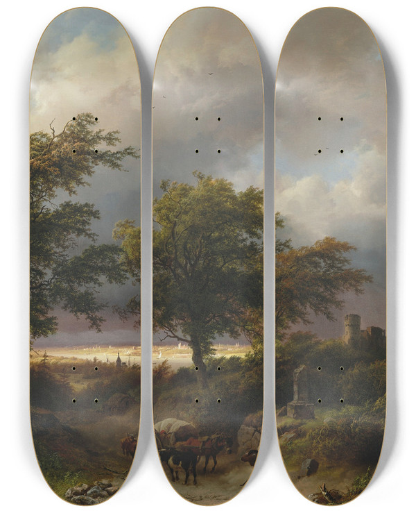 Triptych art skateboard deck of Barend Cornelis Koekkoek A Wooded Landscape by Barend Cornelis Koekkoek (1803-1862)