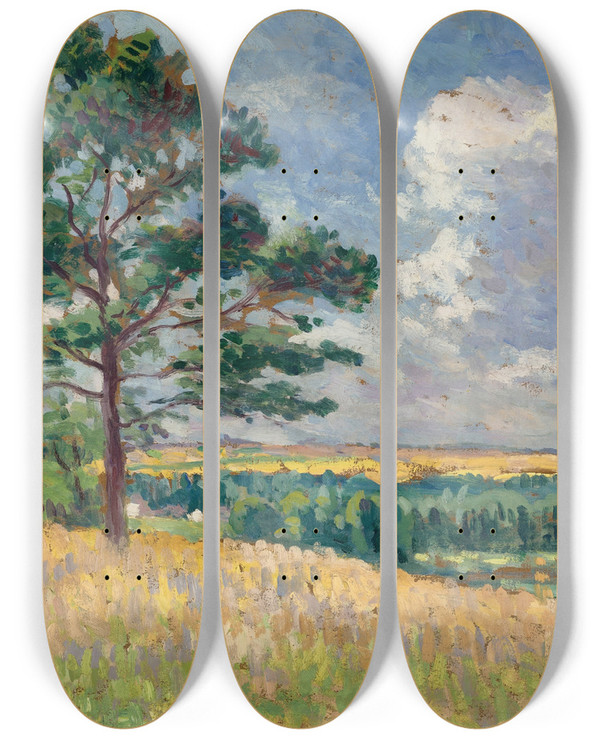 Triptych art skateboard deck of Maximilien Luce Paysage Prs De Mrville by Maximilien Luce (1858-1941)