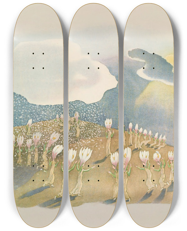 Triptych art skateboard deck of Ernst Kreidolf Krokus by Ernst Kreidolf (1863-1956)