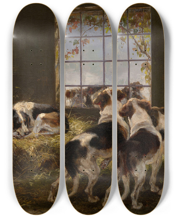 Triptych art skateboard deck of V Witte A Pack Of Hounds by V Witte