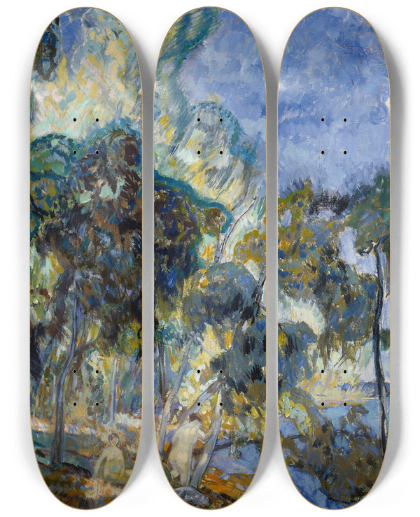 Triptych art skateboard deck of Yrj Ollila Maisema Korpilahdelta by Yrjo Ollila (1887-1932)