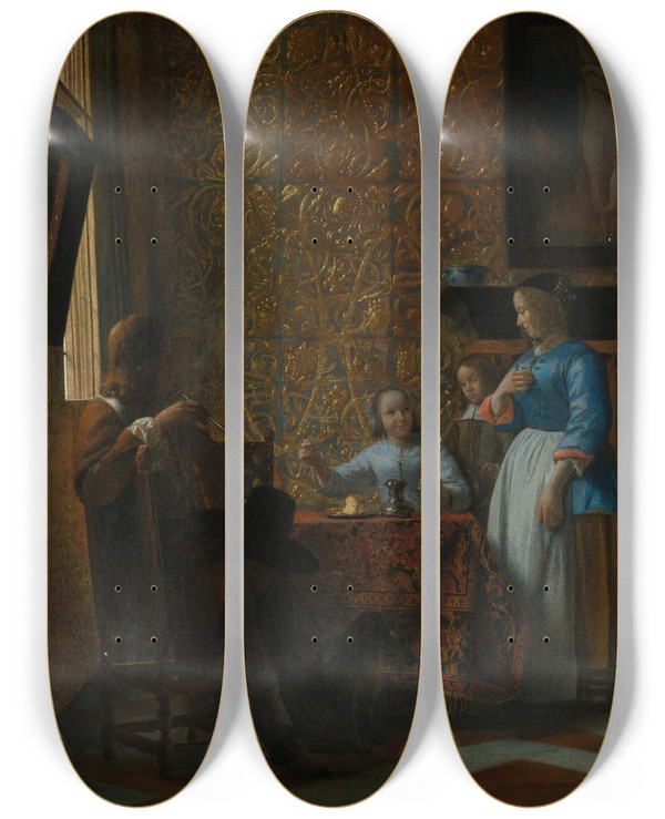 Triptych art skateboard deck of Pieter De Hooch Leisure Time In An Elegant Setting by Pieter De Hooch (1629-1684)