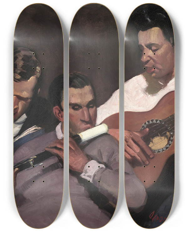 Triptych art skateboard deck of George Luks Three Top Sergeants by George Luks (1866-1933)