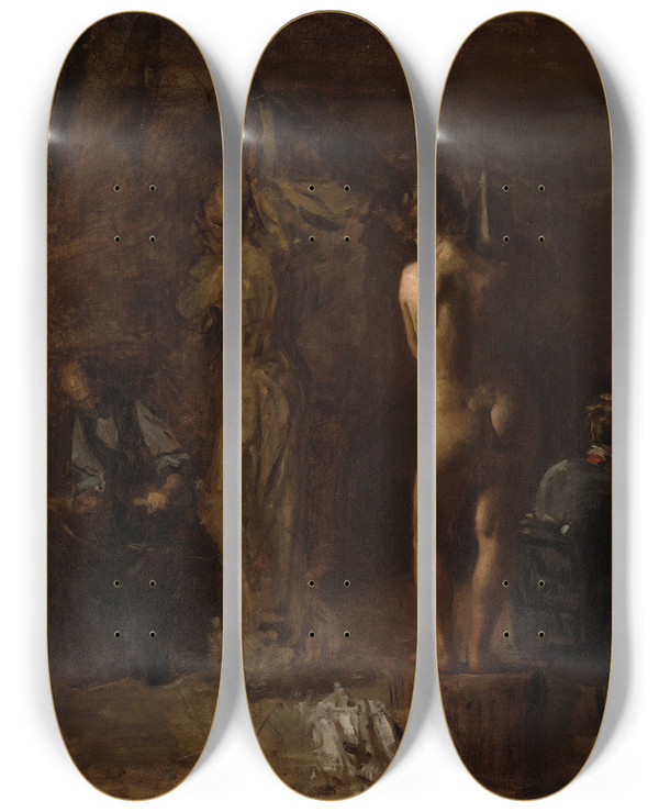 Triptych art skateboard deck of Thomas Eakins William Rush Carving His Allegorical Figure Of The Schuylkill Riverstudy by Thomas Eakins (1844-1916)