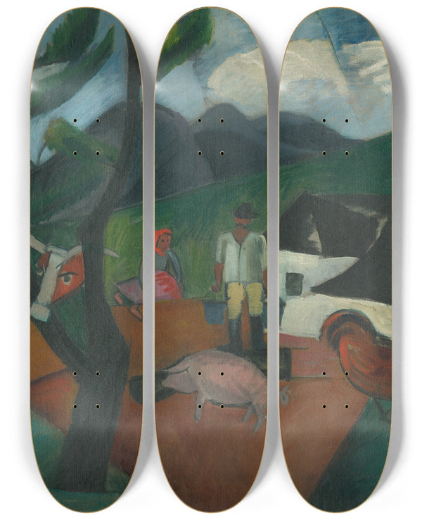 Triptych art skateboard deck of Gejza Schiller Hospodrsky Dvor by Gejza Schiller (1895-1927)