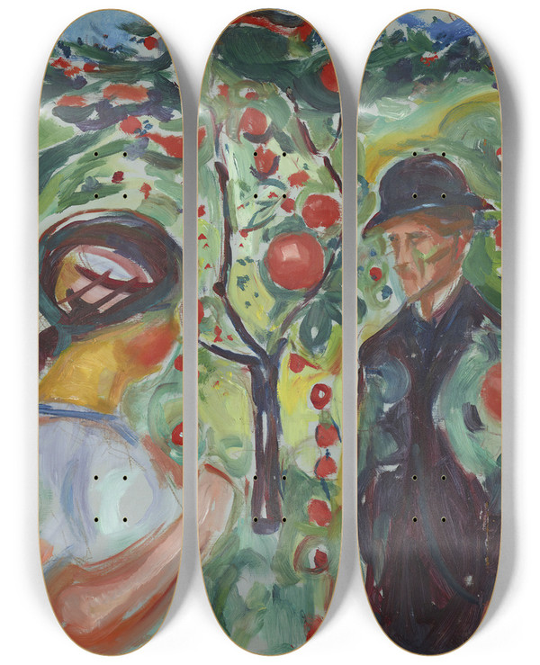 Triptych art skateboard deck of Edvard Munch Beneath The Red Apples by Edvard Munch (1863-1944)