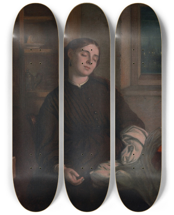 Triptych art skateboard deck of Charles West Cope Home Dreams by Charles West Cope (1811-1890)