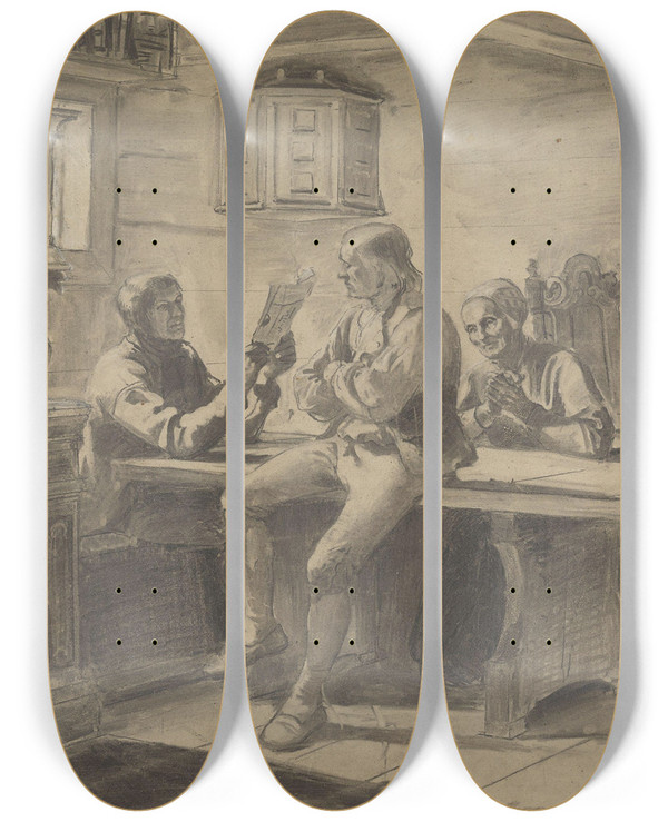Triptych art skateboard deck of Adolph Tidemand Mann Som Leser For Kone Og Mann by Adolph Tidemand (1814-1876)