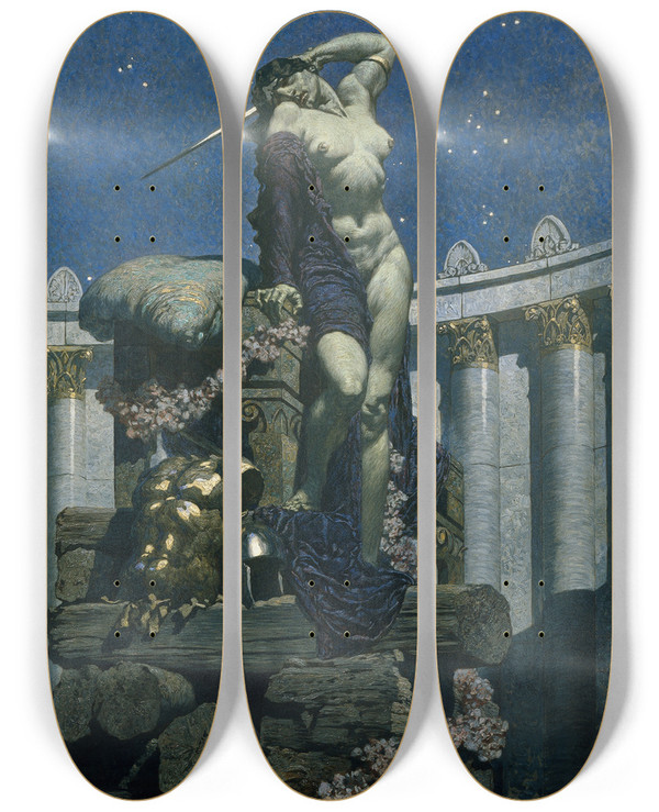 Triptych art skateboard deck of Alexander Rothaug Dido At The Stake by Alexander Rothaug (1870-1946)