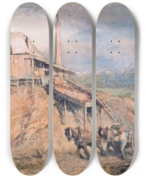 Triptych art skateboard deck of Frederick Mccubbin The Old Stone Crusher The Quarry by Frederick Mccubbin (1855-1917)