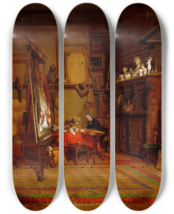 Triptych art skateboard deck of John Ferguson Weir An Artists Studio by John Ferguson Weir (1841-1926)