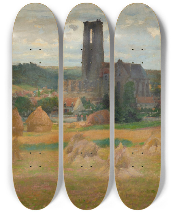 Triptych art skateboard deck of Robert William Vonnoh Haystacks Lachant Iledefrance by Robert William Vonnoh (1858-1933)